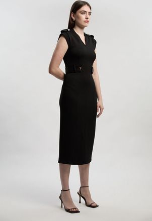 Karen Millen Womens Petite Ponte V Neck Tab Detail Midi Dress - Black - Size X-Small