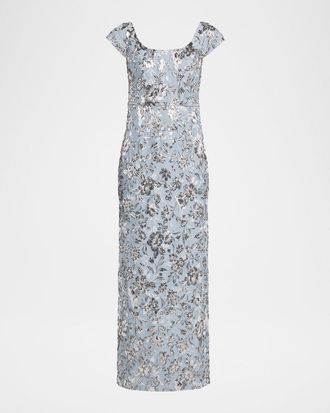 Sachin & Babi Metallic Floral Cloque Column Gown