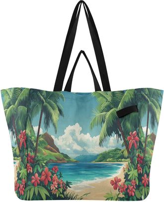 Generic Hibiscus Palm Beach Green pattern Reusable Canvas Tote Bag, Heavy Duty Grocery Shopping Bag with Hard Bottom Large Capacity Double Handles Work Grocer