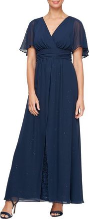 S.L. Fashions Beaded Flutter Sleeve Layered A-Line Gown in Navy at Nordstrom, Size 16