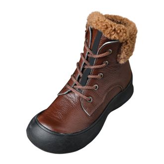 Generic Warm Fleece Lined Leather Lace up Ankle Boots for Women, Soft Genuine Leather Winter Booties, Anti Slip Rubber Sole Round Toe Comfort Walking Shoes, C
