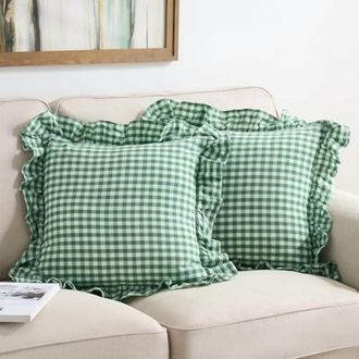 OEM Fundas De Almohada Navide&ntilde;as A Cuadros Verdes Y Blancos Con Volantes, Tela A Cuadros 100% Algod&oacute;n Lavado, Estilo R&uacute;stico, 45,7 Cm X 45,7 Cm