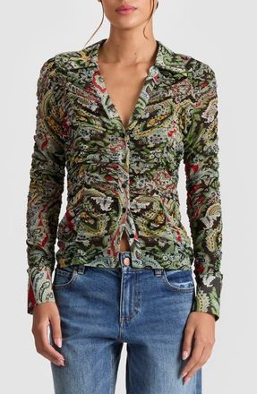 Alice & Olivia Portia Paisley Center Ruched Button-Up Shirt in Paisley Poem at Nordstrom, Size X-Small