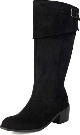 Generic Womens Mid Block Heel Long Boots Faux Suede Knee High Boots with Buckle Round Toe Western Boot,Black,4.5 UK