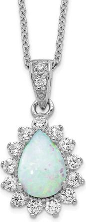 Diamond2Deal Sterling Silver Cabochon Lab Created Opal and Cubic Zirconia Teardrop Halo Necklace 18