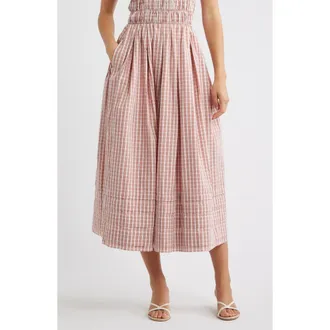 Faithfull The Brand Cales Gingham Check Cotton Midi Skirt in Paloma Check-Cinnamon White at Nordstrom, Size X-Large