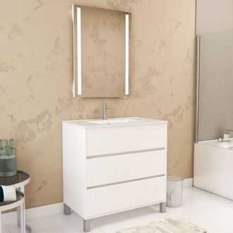 Aurlane Aurlane - Pack Mueble De Ba&ntilde;o 80 Cm Blanco Lacado 3 Cajones, Lavabo, Espejo 60x80 Y Doble Led