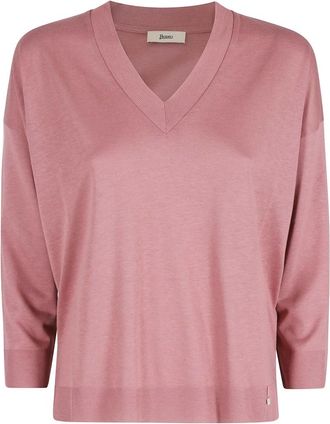 Herno Trui in Glam Knit Effect - Dames - V-hals truien - Roze - M - Katoen - Truien & Vesten