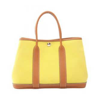 Herm&egrave;s Brown Lime Yellow Toile H Canvas Leather Tote Bag (Pre-Owned)