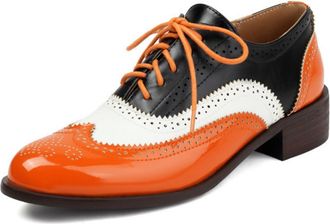 Generic Womens Tri Color Lace Up Oxford Shoes with Wingtip Brogue Perforation, Round Toe, Low Chunky Heel, Cushioned Insole, Classic Vintage Design,Orange,4.5