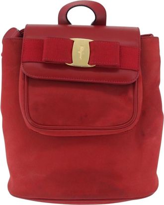 Ferragamo Vara Flap Drawstring Leather And Suede Red Suede Backpack Bag (Pre-Owned)