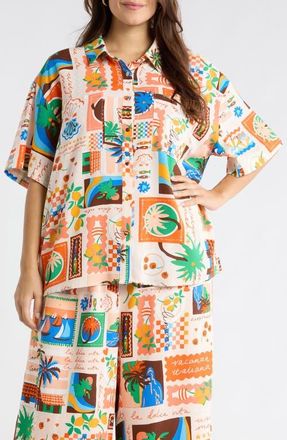 Sugarlips Print Loose Fit Button Up Top in Coral Multi at Nordstrom, Size 2 X
