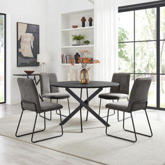 Furniturebox Novara Black Top Dining Table & 6 Halley Fabric Chairs in Dark Grey