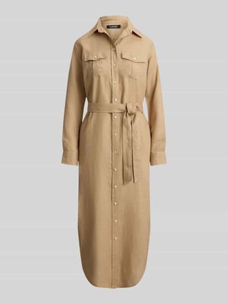 Lauren Ralph Lauren Schmales Midi Hemdblusenkleid aus reinem Leinen in Beige, Gr&ouml;&szlig;e 34