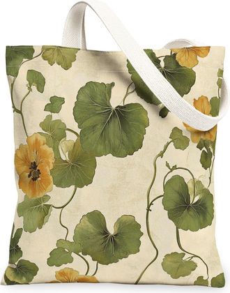 Generic Spring Nasturtium Flower Canvas Tote Bag for Shopping 13x15, Vintage Wildflower Florals Reusable Grocery Print Bag for Women, Aesthetic Beach Aestheti
