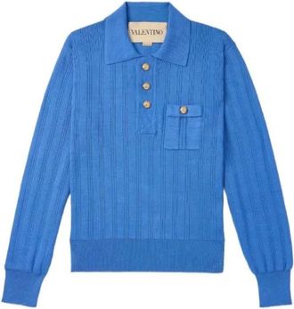 Valentino Garavani Polo Shirts, male, Blue, Size: L Long-Sleeved Ribbed Cotton Polo Shirt