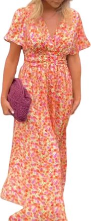 Generic Womens Maxi Dress Boho Chiffon Floral Printed V Neck Long Dresses,Beach Dress,Womens Casual Dresses (Orange,XL)