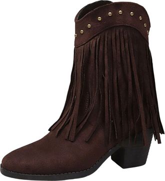 Generic Womens Cowboy Boots Wide Calf Fringe Western Booties Stylish Retro Pointed Toe Solid Color Chunky Heel Comfy Slip On Mid Calf Boots Casual Daily