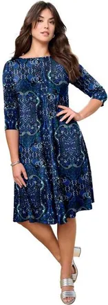 Roaman's Plus Size 3/4 Sleeve Boatneck Swing Dress in Blue Mirrored Medallion at Nordstrom, Size 40