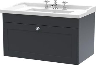 Nuie Nuie - Classique Wall Hung 1-Drawer Vanity Unit with Traditional Basin 800mm Wide Satin Anthracite - 3 Tap Hole