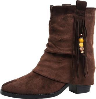 Generic Coffee Ladies Thick Sole Tassel Block Heel Short Boots for Fall and Winter Outdoor Walking Footwear with Fashion Details and Sturdy Construction