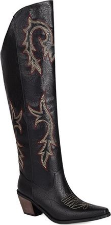 Generic Womens Over-The-Knee Cowboy Boots Decorative Embroidery Pointed Toe Block Heels Textured Upper Soft Lining Cushioned Insole Durable Outsole,Black,5.5 