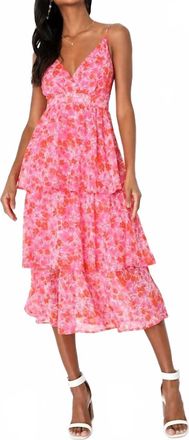 Lulus Womens Adorable Obsession Print Lurex Tiered Midi Dress In Pink