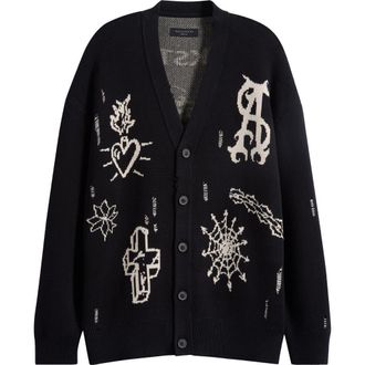 AllSaints Staged Intarsia Organic Cotton Button Front Cardigan in Black/ecru White at Nordstrom, Size Xx-Large