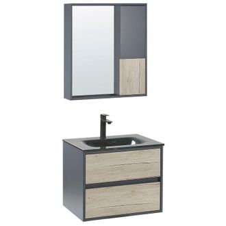 Beliani Mueble De Ba&ntilde;o Con Espejo Gris Mdf Madera Clara 60 Cm Lavabo De Cer&aacute;mica Armario Pared Teruel