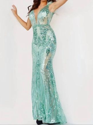 Jovani Fitted Sequin Mesh Gown In Mint