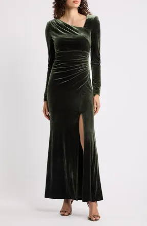 Eliza J Ruched Velvet Long Sleeve Gown in Olive at Nordstrom, Size 14
