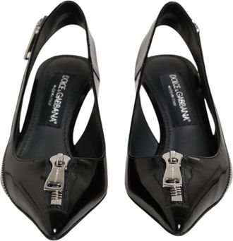 Dolce & Gabbana Black Zipper Leather Heels Slingbacks Womens Shoes