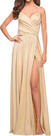 La Femme Long A-Line Gown In Light Gold