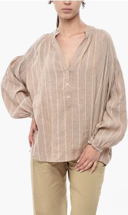 Woolrich Striped Linen-Blend Blouse with V-Neck size Xs