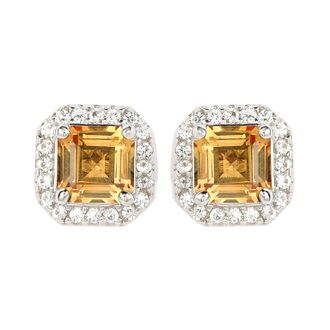 Suzy Levian Sterling Silver Assher Cut Yellow Sapphire Halo Stud Earrings