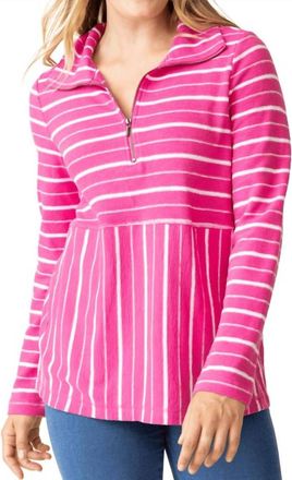 Habitat Weekend Terry Striped Quarter Zip Sweater In Berry