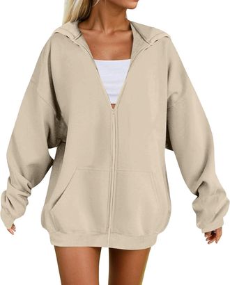 Generic Hoodies for Women UK Oversized Zip Up Hoodie Women Casual Solid Color Sweatshirts with Pockets Loose Long Sleeve Comfy Pullover Fall Winter Womens Jac