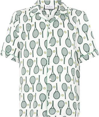 Philipp Plein Silk Bowling Shirt Tennis - Heren - Korte mouwen Overhemden - Wit - 2XL - Overhemden
