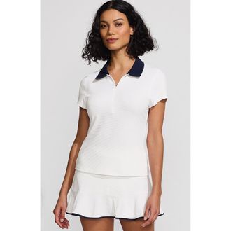 Lands End Short Sleeve Pique Johnny Collar UPF 50 Rash Guard in White/deep Sea Navy at Nordstrom, Size X-Large P