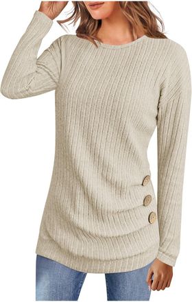 Generic Womens Long Sleeve Jumpers Lightweight Crewneck Long Sleeve Tunic Sweater Tops Casual Elegant Comfort Warm Ladies Jumper Sweatshirt Women Beige XXL