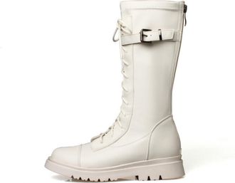 Generic Womens Lace Up Long Boots with Back Zipper Closed Round Toe Combat Boots with Buckle PU Leather Platform Shoes,White,4.5 UK