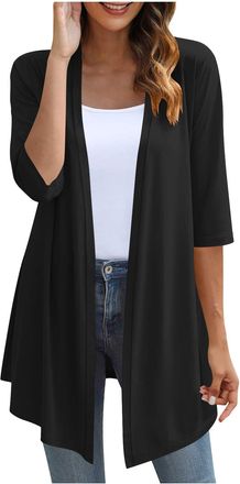 Generic Mrat Cardigans for Women UK 3/4 Sleeve Midi Long Cardigan Lightweight Cover Ups Ladies Elegant Casual Open Front Shawl Shrugs Solid Color Pullover Dre