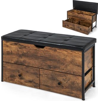 Costway Costway - Banco Almacenaje Con Coj&iacute;n De Asiento Acolchado, Tapa Abatible Y 2 Cajones, Soporta 150 Kg, Banqueta De Almacenamiento De Madera Para Sala D