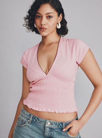 Twik Womens Polka-dotted smocked V-neck T-shirt In support of Tel-jeunes & Jack.org