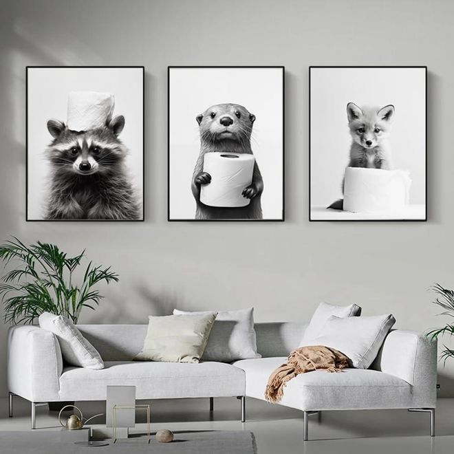 Wanddekor Mit Waschbär-Motiv – Set Aus 3 Tierdrucken Im Holzrahmen 61x40,6cm Für Bad & WC | Rustikale Deko