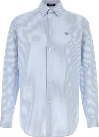 Versace Shirt van katoen Kraag Lange mouwen Sluiting met knopen aan de voorkant - Heren - Casual Overhemden - Blauw - L - Katoen - Overhemden