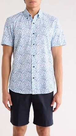 ConStruct Slim Fit Fish Floral Print Short Sleeve Button-Down Shirt in White/Teal at Nordstrom Rack, Size Xx-Large