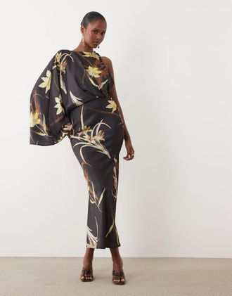 Asos Vestito lungo asimmetrico con una manica drappeggiata e vita raccolta-Multicolore