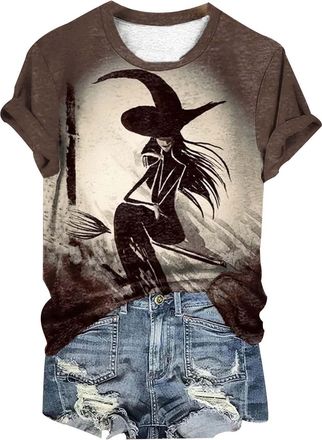 Generic Halloween Tee Shirt Costume for Women UK Halloween Witch Printed Casual Crew Neck T Shirt for Party Festival Outdoor Wedding (Brown, XXL)