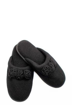 Portolano Flower Trim Cashmere Scuff Slipper in Black/Black at Nordstrom Rack, Size X-Large